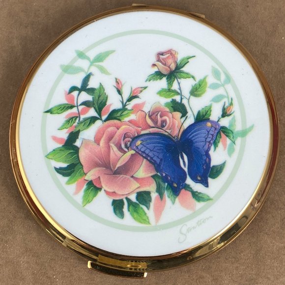 Vintage New Old Stock Stratton Compact Blue Butterfly with Pink Roses - Picture 1 of 6